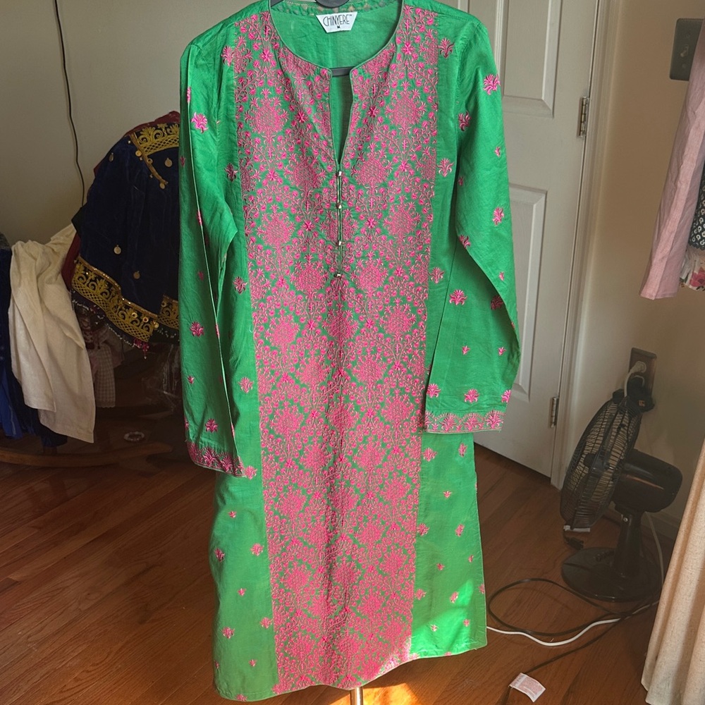 Green Kurta with Pink Embroidered Panel